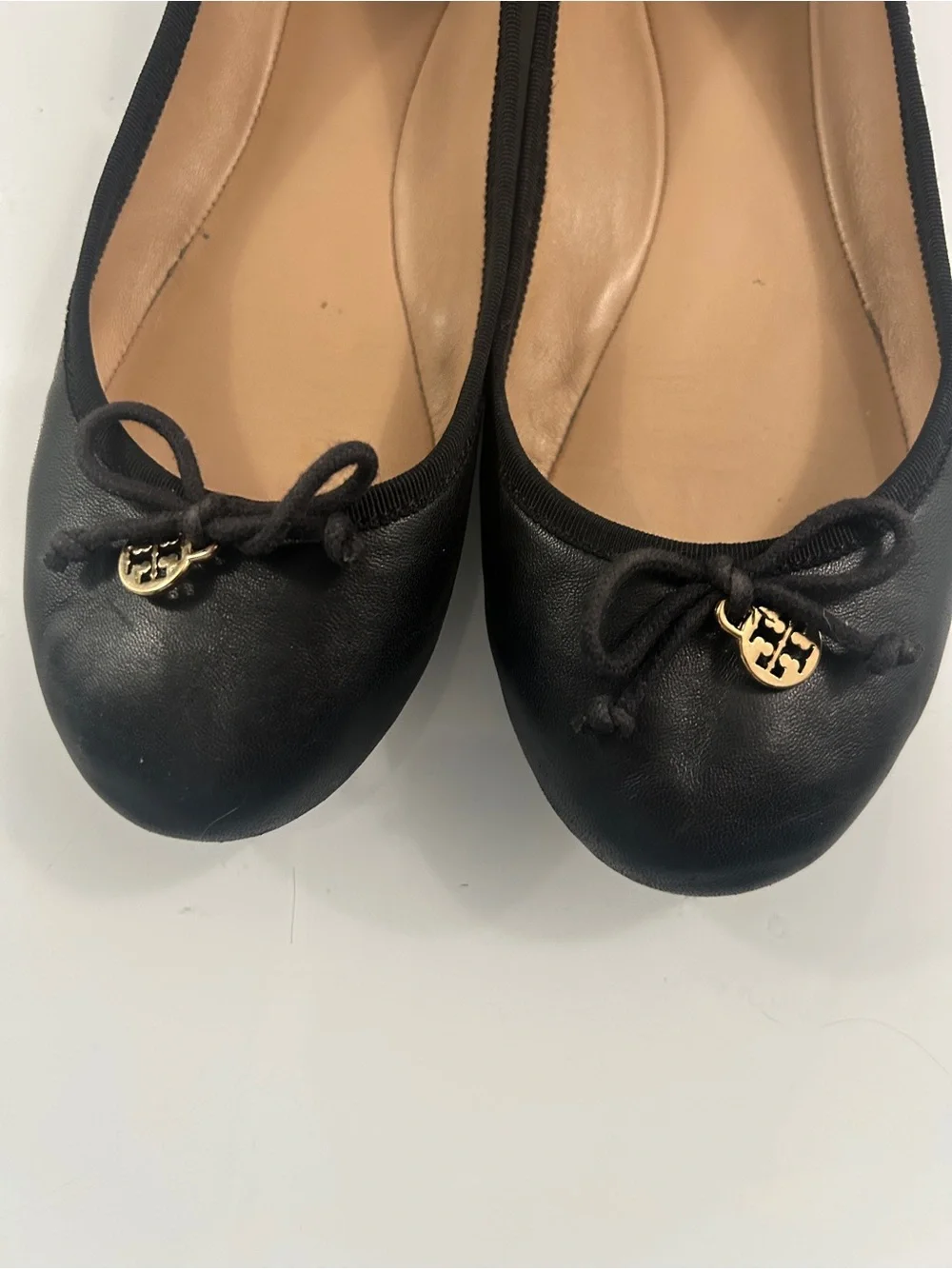 Tory Burch Black Leather Logo Ballet Flats with Gold Medallion